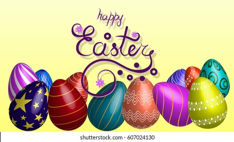 Vector illustration with eggs.. Inscription - happy Easter. Yellow background