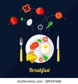 Vector illustration of eggs on plate with cheese sandwich and ingredients. Flat style.Menu illustration.