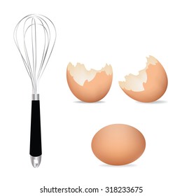 Vector illustration of eggs shells and egg beater or whisk. Cracked eggs. Brown realistic egg shell icon, isolated on white background. 