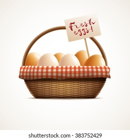Vector illustration of eggs in wicker basket with label. Elements are layered separately in vector file.