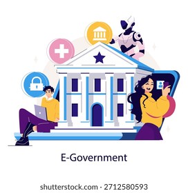 Vector illustration of e-government services featuring digital interactions with a government building, symbols of technology, security, and health, and people engaging in online activities.