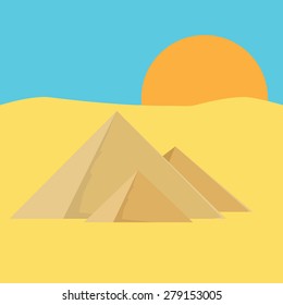 Vector illustration of Egypt pyramids with sky, sun, sand. Pyramids Giza. The flames of sunset