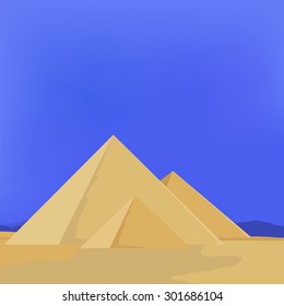 Vector illustration of Egypt pyramids with sky, sun, sand. Pyramids giza. The flames of sunset