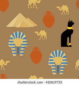 Vector illustration egypt seamless pattern with symbols of Egypt. Egypt cat, giza pyramids, amphora, camel and pharaoh mask
