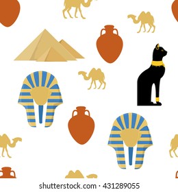 Vector illustration egypt seamless pattern with symbols of Egypt. Egypt cat, giza pyramids, amphora, camel and pharaoh mask