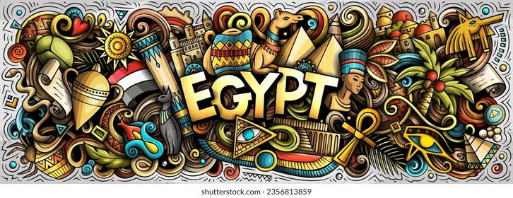Vector illustration with Egypt theme doodles. Vibrant and eye-catching banner design, capturing the essence of Egyptian culture and traditions through playful cartoon symbols
