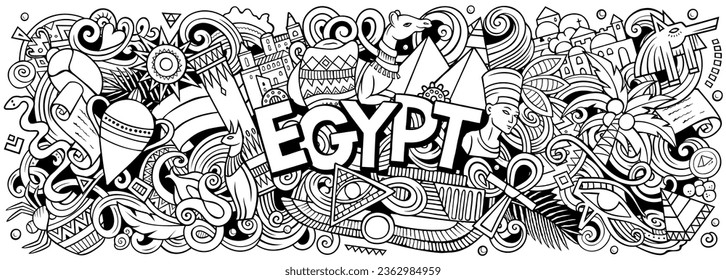 Ilustración vectorial con doodles temáticos de Egipto. Diseño de carteles esquemáticos y llamativos, que capturan la esencia de la cultura y tradiciones egipcias a través de símbolos de caricatura juguetones