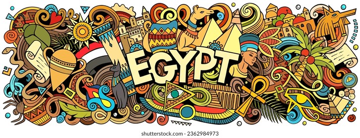 Vector illustration with Egypt theme doodles. Vibrant and eye-catching banner design, capturing the essence of Egyptian culture and traditions through playful cartoon symbols