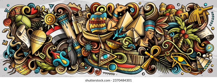 Vector illustration with Egypt theme doodles. Vibrant and eye-catching banner design, capturing the essence of Egyptian culture and traditions through playful cartoon symbols