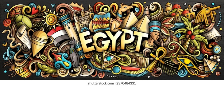 Vector illustration with Egypt theme doodles. Vibrant and eye-catching banner design, capturing the essence of Egyptian culture and traditions through playful cartoon symbols