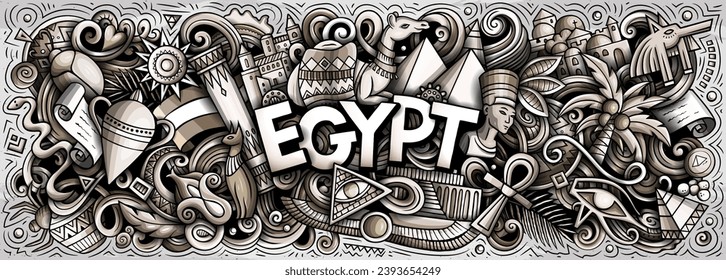 Vector illustration with Egypt theme doodles. Monochrome banner design, capturing the essence of Egyptian culture and traditions through playful cartoon symbols