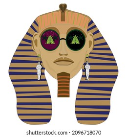 Vector illustration. Egypt tourism promotion icon. Pharaoh Tutankhamun. Pyramids of Egypt glasses. Isolated face of pharaoh. Egyptian sphinx