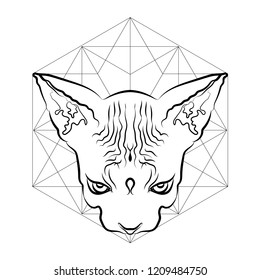 Vector illustration. Egyptian cat head with geometric symbols.