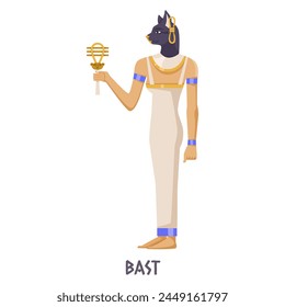 Vector illustration of the Egyptian deity Bastet with a cat head, holding an ankh, on a plain white background, depicting mythology. Vector illustration