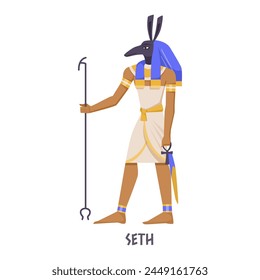 Vector illustration of the Egyptian deity Seth with an animal head, holding a staff, on a white background, invoking ancient mythology. Vector illustration