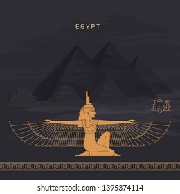 Vector illustration Egyptian fertility goddess Isis isolated on hand-drawn background from Egyptian pyramids, symbol of femininity and marital fidelity, goddess of navigation, daughter of Hebe and Nut
