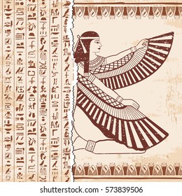 Vector illustration of Egyptian national drawing. Goddess Isis and hieroglyphs. Brown drawing on a beige background with the effect of aging.