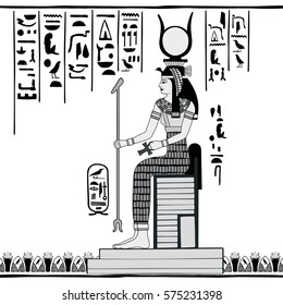 Vector illustration of Egyptian national drawing. Sun Ra goddess sitting on a throne.