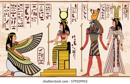 Vector illustration of Egyptian national drawing. Image of gods ornament hieroglyphs.