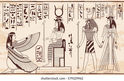 Vector illustration of Egyptian national drawing. Image of gods ornament hieroglyphs.