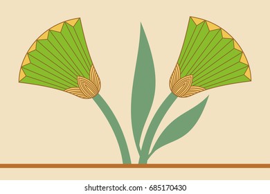Vector illustration of Egyptian national drawing with lotus flower on beige background.