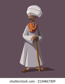 Vector illustration of Egyptian Nubian man in white galabiya holding stick 