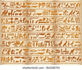Vector illustration of Egyptian ornaments and hieroglyphs on a beige background with the effect of aging.