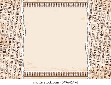 Vector illustration of Egyptian ornaments and hieroglyphs on a beige background with the effect of aging.