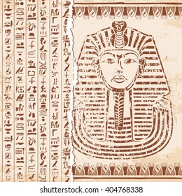 Vector illustration of Egyptian Pharaoh's mask, ornaments and hieroglyphs on a beige background with the effect of aging.