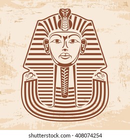 Vector illustration of Egyptian Pharaoh's mask on a beige background papyrus with the effect of aging.