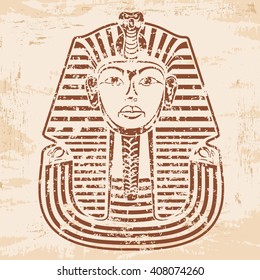 Vector illustration of Egyptian Pharaoh's mask on a beige background with the effect of aging.