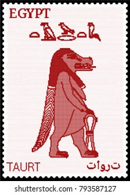 Vector illustration of an Egyptian postage stamp with Taurt, with its name written in Egyptian hieroglyphics and Arabic. Translation of the Arabic text and Egyptian hieroglyphs - Taurt