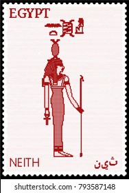 Vector illustration of an Egyptian postage stamp with Neith, with its name written in Egyptian hieroglyphics and Arabic. Translation of the Arabic text and Egyptian hieroglyphs - Neith