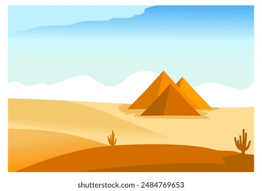 Vector illustration of an Egyptian pyramid in the middle of a vast desert with a clear sky, landscape, suitable for wall decoration, backdrop, advertising, labels, clothing screen printing.