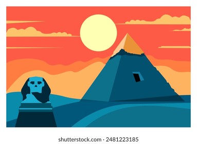 vector illustration of Egyptian pyramids and statues with a clear sky background and the sun shining on it