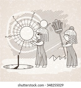 Vector illustration of an Egyptian and a sundial.