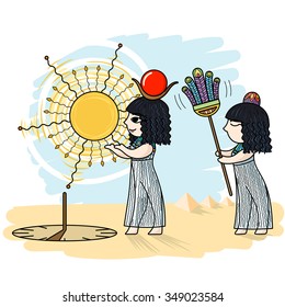 Vector illustration of an Egyptian and a sundial. Desert, sands.