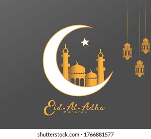 vector illustration of Eid al adha. Grey background with moon ,star, decorated lanterns. and the picture of mosques