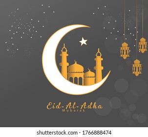 vector illustration of Eid al adha -festival with grey background with moon,stars,lanterns,mosque,Calligraphic font. 
