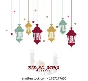 vector illustration of Eid Al Adha . Greeting background with lanterns , stars, moon, mosques, colorfull for poster ,cards,banner .
