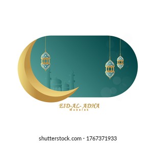 vector illustration of Eid Al Adha -festival . Greeting background with lanterns , stars, moon, mosques, colorful for poster ,cards,banner. invitation with time and venue