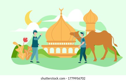 Vector Illustration of Eid Al Adha for Web Landing Page, Banner, Presentation, Poster, Ads, Promotion, celebrating Eid Mubarak, Business Concept, Flat Design.