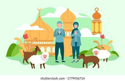 Vector Illustration of Eid Al Adha for Web Landing Page, Banner, Presentation, Poster, Ads, Promotion, celebrating Eid Mubarak, Business Concept, Flat Design.