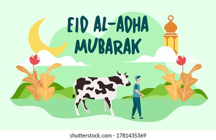 Ilustración vectorial de la celebración de Eid Al Adha con texto de Eid Al-Adha Mubarak, concepto de negocios, diseño plano.
