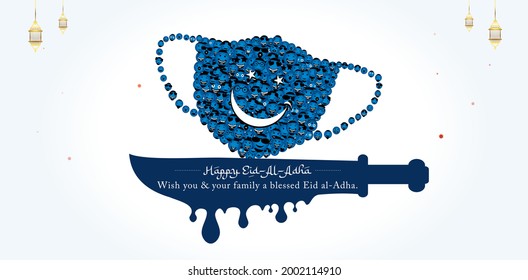 vector illustration of eid al adha, islamic festival of sacrifice concept with corona covid 19 safety mask of people face