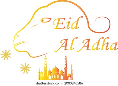 vector illustration of eid al adha with a goat's head and a mosque under it, great for banner emblem sticks