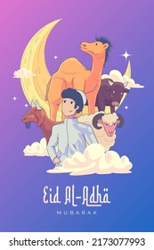 Imagen vectorial de Eid Al Adha Mubarak dibujado a mano, un hombre con animales cubanos
