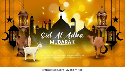 Vector illustration for eid al adha mubarak. great for graphic background of mosque, goat and camel with glowing lantern, for banner, card, poster flyer template, etc.