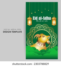 Vector illustration of Eid al Adha Mubarak social media story feed mockup template