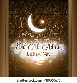 Vector illustration of Eid Al Adha Mubarak gold brown background with mosque
